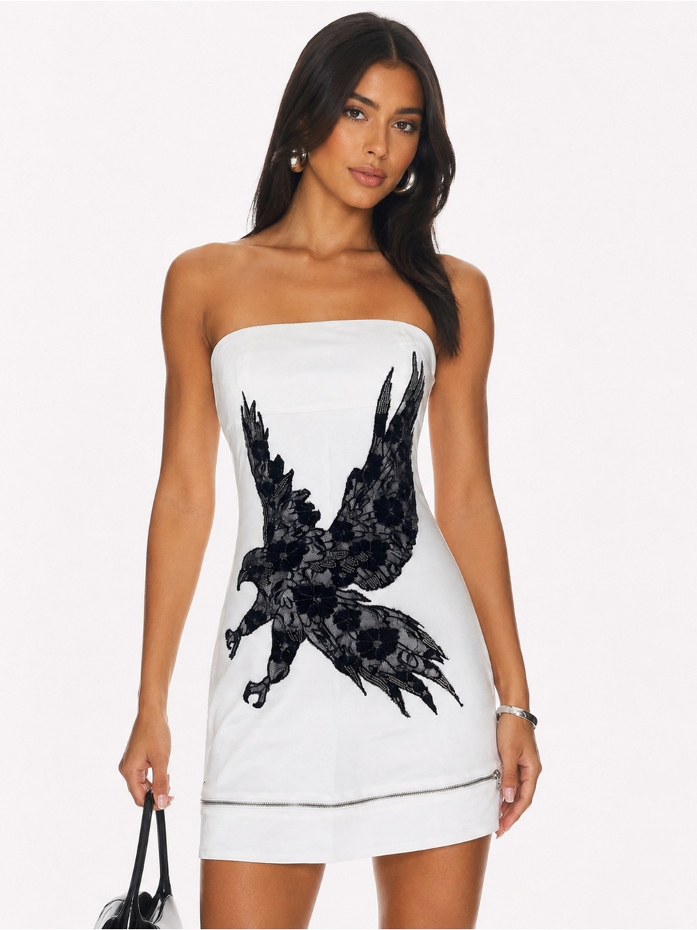 Y2K Nikibiki Strapless Dress with Embellished Lace Eagle and Zipper Detail